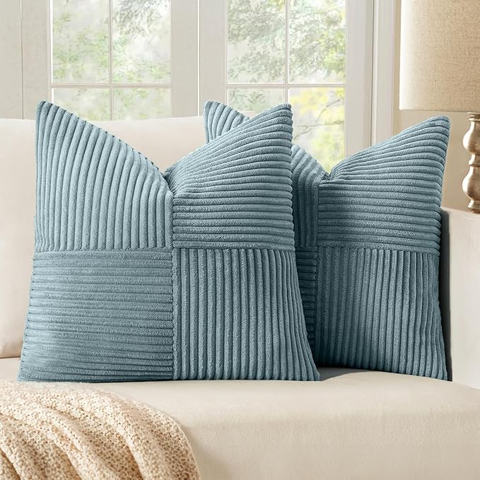 MIULEE Dusty Blue Corduroy Pillow Covers Pack of 2 Boho Decorative Spliced Throw Pillow Covers Soft Solid Couch Pillowcases Cross Patchwork Textured Cushion Covers for Living Room Bed Sofa 16x16 inch