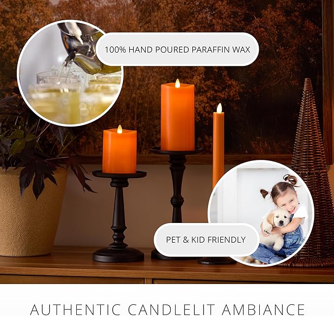 Luminara Flickering Flameless LED Candle, Battery Operated with Timer Function, Russet Orange Pillar 3"x 4.5" Inch, Real Wax Unscented Fall Home Indoor Decor, Remote Ready (Sold Separately),Melted Top