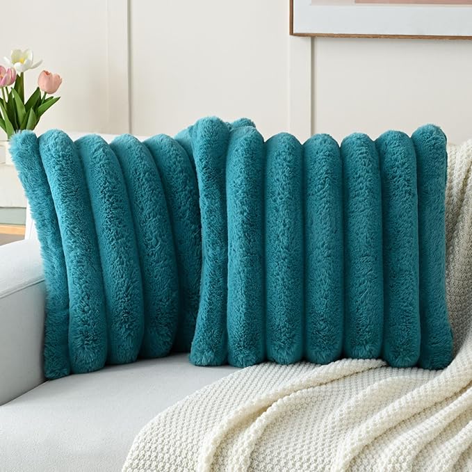 FUTEI Teal Decorative Throw Pillow Covers 24x24 Inch Set of 2, Square Soft Faux Rabbit Fur Big Striped Pillow Sham,Home Decor for Couch Sofa Bed Living Room
