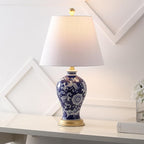 JONATHAN Y JYL3009E Grace 24" French Country Cottage Ceramic/Iron Floral Urn LED Table Lamp, Navy/White for Bedroom, Living Room, Office, College