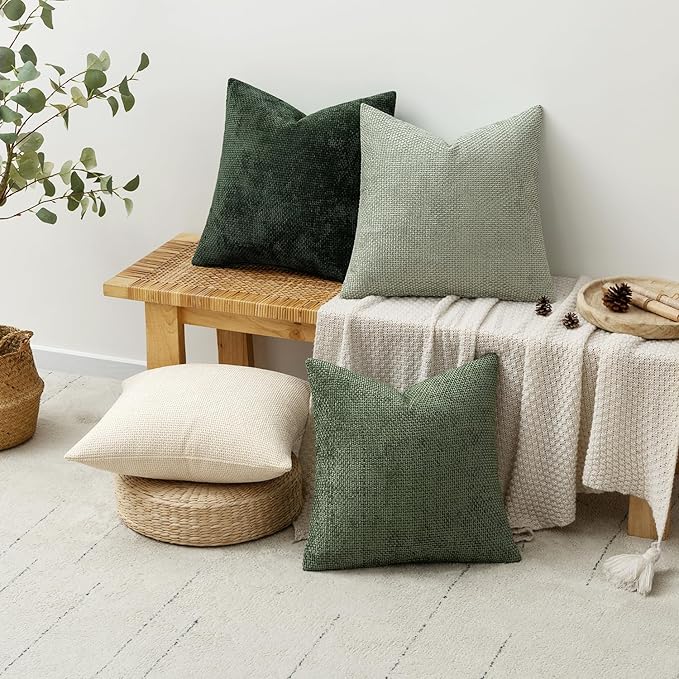MIULEE Pack of 4 Christmas Couch Throw Pillow Covers 18x18 Inch Neutral Green Soft Decorative Chenille Pillow Covers Farmhouse Accent Cushion Covers for Boho Home Decor Sofa Bedroom Living Room