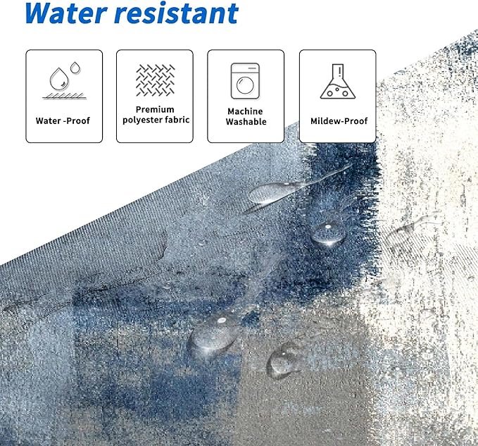 4Pcs Grey Bathroom Shower Curtain Sets with Rugs, Blue and Grey Abstract Painting Gray Retro Bathroom Sets with Shower Curtain and Rugs and Accessories