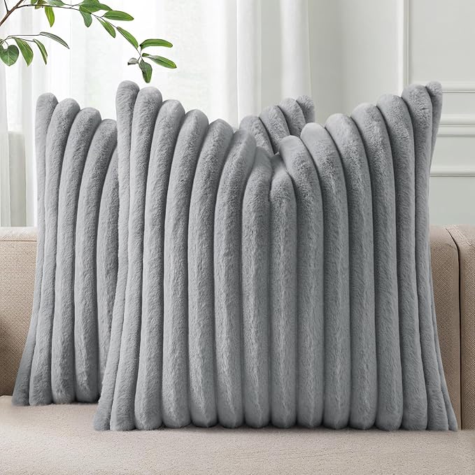 Pallene Faux Fur Plush Throw Pillow Covers 20x20 Set of 2, Luxury Soft Fluffy Striped Decorative Pillow Covers for Sofa, Couch, Living Room, Grey