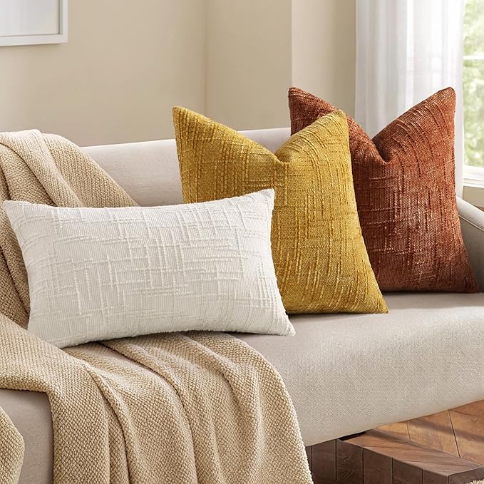 decorUhome Fall Rust Chenille Throw Pillow Covers 26x26 Set of 2 Thick Textured Slubby Couch Pillow Covers Farmhouse Accent Modern Neutral Decorative Pillow Cases for Bed Sofa Living Room