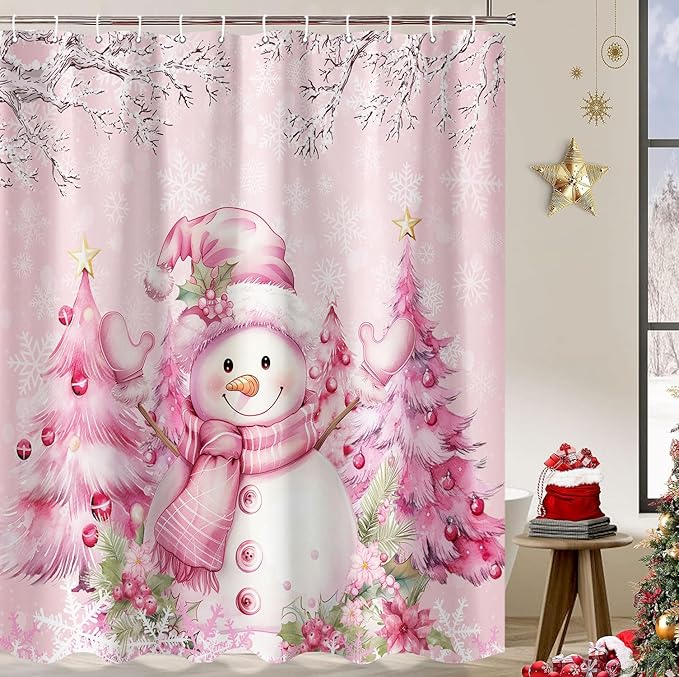 Pink Christmas Snowman Shower Curtain, Cute Winter Snowflake Snowman Pine Tree Decoration Xmas Shower Curtain for Bathroom, Farmhouse Christmas Holiday Fabric Bath Curtain Set with Hooks 72"X72"