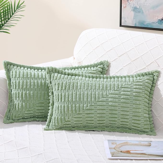 decorUhome Decorative Sage Green Throw Pillow Covers 12x20 Set of 2 with Splicing, Boho Lumbar Soft Neutral Corduroy Broadside Twill Pillow Covers for Couch Bed Sofa Living Room