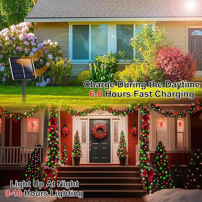 4 Pack 180FT Solar Christmas Lights Outdoor Waterproof, Super Bright 320 LED Solar String Lights with 8 Lighting Modes, Green Wire Twinkle Tree Light for Outside Xmas Party Decor (Red White and Green)