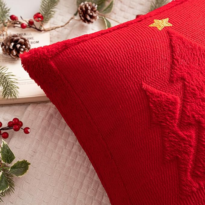 MIULEE Christmas Trees Pillow Covers Set of 2 Decorative Soft Throw Pillows Plush Faux Fur Wool Embroidered Couch Cushion for Holiday Winter Home Decor Chair Sofa Bedroom Living Room,Red 18x18inch