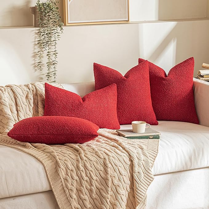 MIULEE 18x18 Inch Christmas Decorative Pillow Covers for Couch Bed Set of 2 Textured Boucle Neutral Winter Throw Pillows Red Accent Solid Cushion Pillowcases Sofa Livingroom Home Decor