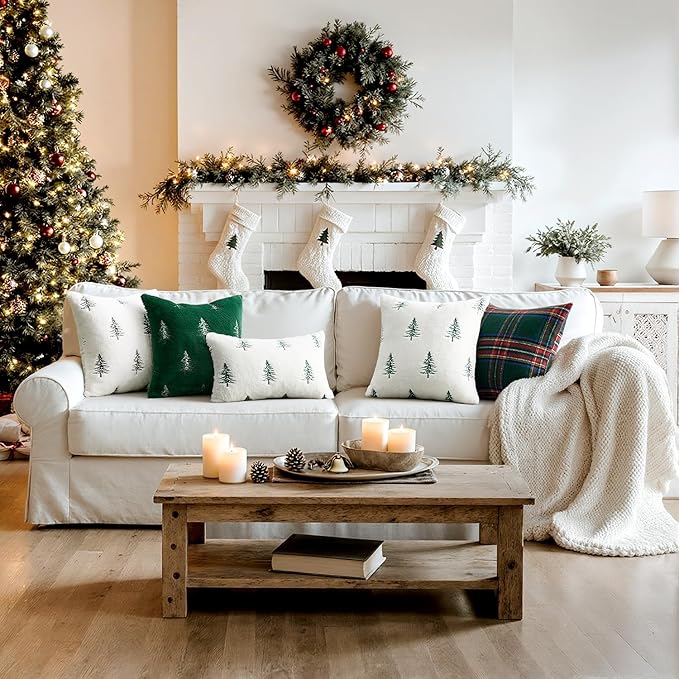 MIULEE Christmas Decorative Pillow Covers Set of 2 Faux Fur Throw Pillows with Embroidered Christmas Tree 12x20 Inch White Green Winter Couch Covers for Festival Sofa Bedroom Living Room Home Decor