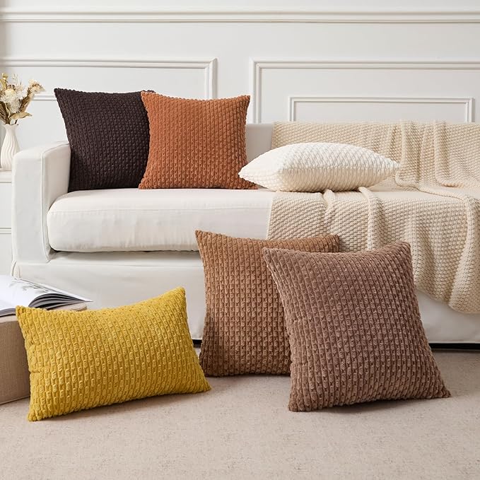 Kevin Textile Decorative Pillow Covers Set of 2 Striped Plush Corduroy Pillows Pillowcases Boho Home Decor Cushion Covers for Couch Sofa Bed Living Room 16x16 Inch, Burnt Orange