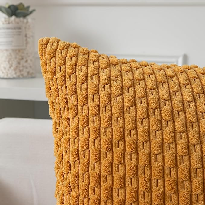 Kevin Textile Throw Pillow Covers Soft Corduroy Decorative Set of 2 Boho Striped Pillow Covers Pillowcases Farmhouse Home Decor for Couch Bed Sofa Living Room 26x26 Inch Golden Yellow