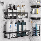 Veken Rustproof&Waterproof Shower Caddy 5-Pack, No Drilling Adhesive Wall Mounted Shower Shelves Rack, Heavy Weight Bearing, Large Organizer Storage Accessories, Ideal for Bathroom,Home&Kitchen, Black