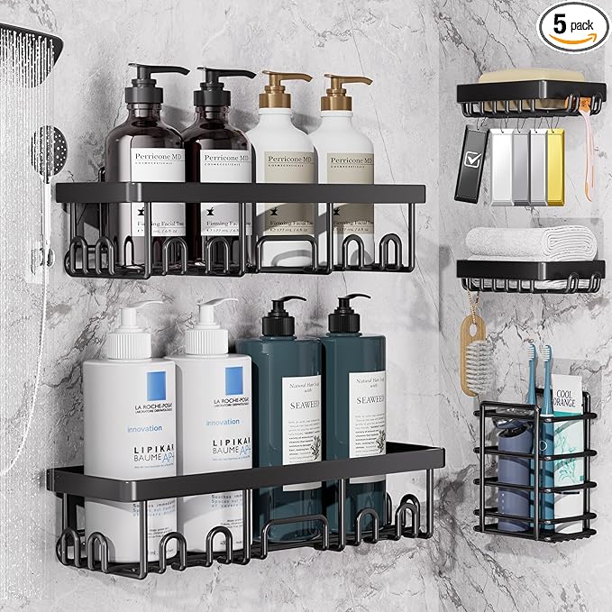 Veken Rustproof&Waterproof Shower Caddy 5-Pack, No Drilling Adhesive Wall Mounted Shower Shelves Rack, Heavy Weight Bearing, Large Organizer Storage Accessories, Ideal for Bathroom,Home&Kitchen, Black