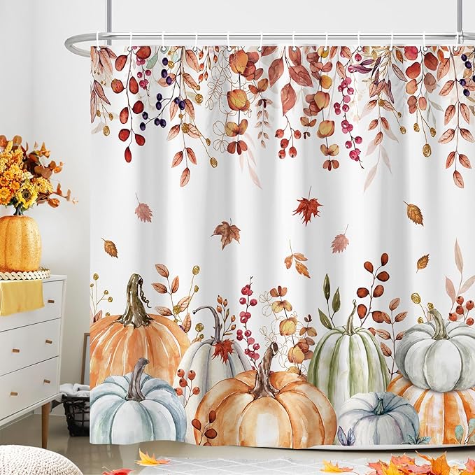 Fall Pumpkin Boho Shower Curtain Set, Farmhouse Autumn Eucalyptus Leaves Thanksgiving Harvest Shower Curtain, Cute Seasonal Bathroom Curtain Yellow Teal Fall Bath Accessories with Hooks,72"X72"