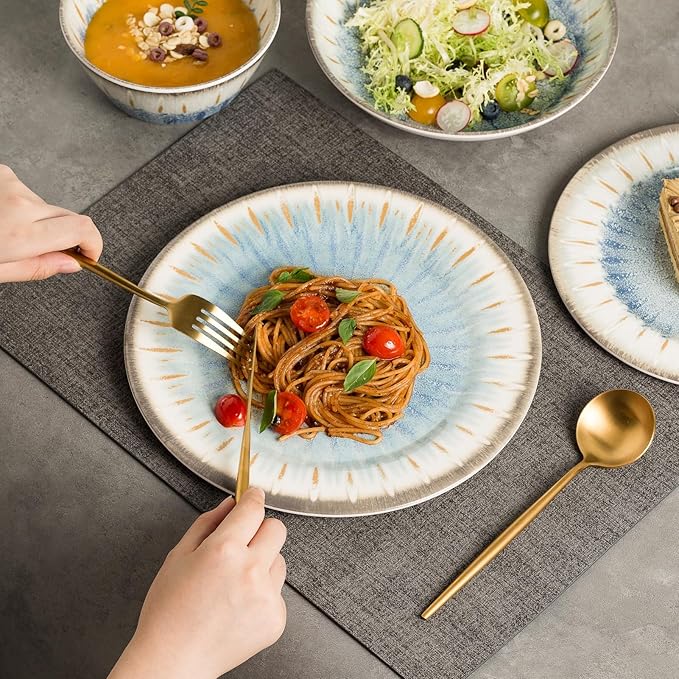 MissYip Melamine Dinnerware Set, 16 Piece for 4, Unbreakable Kitchen Plastic Plates and Bowls set, Indoor and Outdoor Use Tableware, BPA Free, Dishwasher Safe, Not Microwave, Not Oven(Blue)