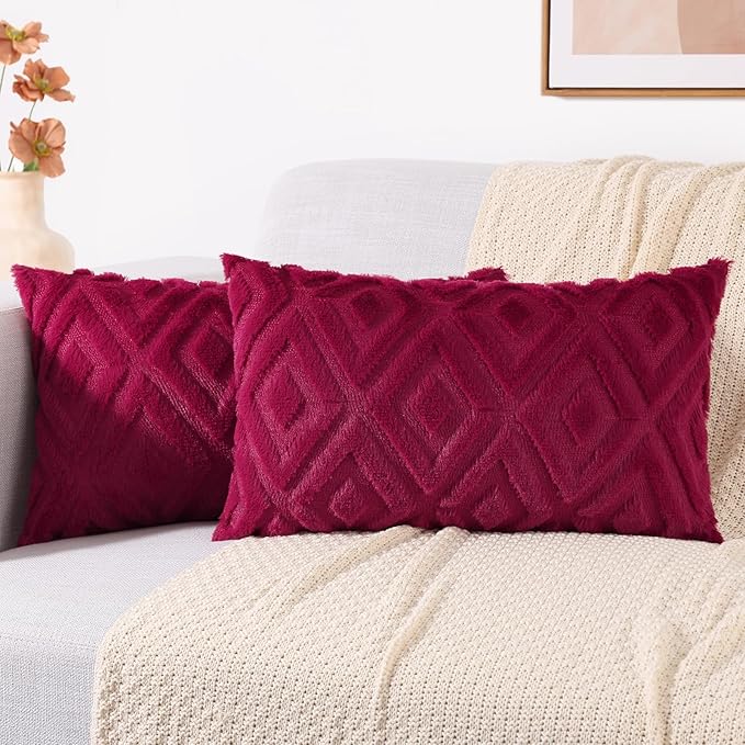 decorUhome Christmas Couch Throw Pillow Covers 12x20 Set of 2, Decorative Soft Plush Faux Wool Lumbar Neutral Accent Pillow Covers for Bed Sofa Living Room, Burgundy