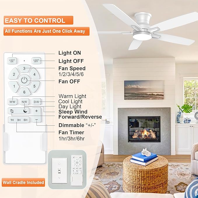 YUHAO 52 Inch Flush Mount White Ceiling Fan with Light and Remote Control.Noiseless,Dimmable,3CCT,6 Speeds Reversible, Low Profile DC Ceiling Fans for Indoor Use