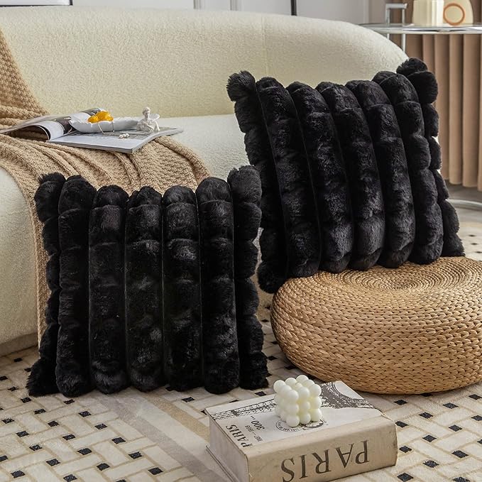 Neelvin Black Faux Fur Cozy Soft Plaid Decorative Throw Pillow Covers 22x22 inch Set of 2,Velvet Pillowcase Cushion Case for Sofa Couch