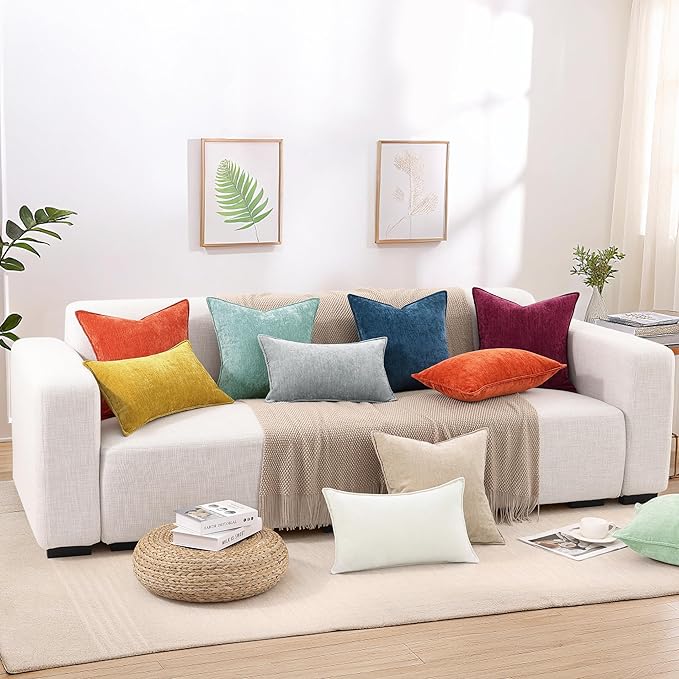decorUhome Couch Throw Pillow Covers 18x18 Set of 2, Decorative Soft Euro Neutral Chenille Pillow Covers with Elegant Design for Sofa Bed Living Room Home Decor, Beige