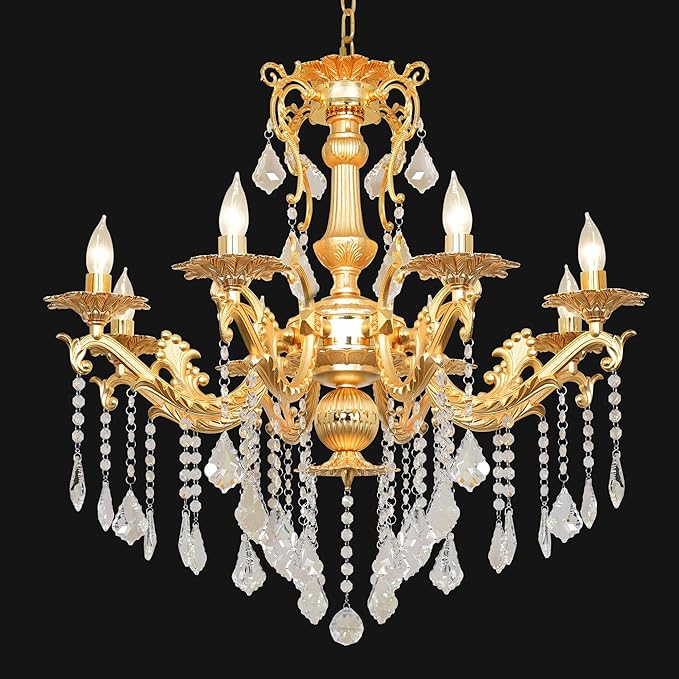 Luxury Gold Crystal Chandelier, 30" Vintage K9 Crystal Pendant Light with 8 Lights, Antique Brass Finish Ceiling Light Fixture with Scrolled Arms for Dining Room Living Room Foyer Villa Hotel