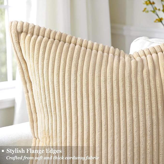 decorUhome Corduroy Beige Throw Pillow Covers 24x24 Set of 2 Decorative Soft Boho Farmhouse Euro Couch Pillow Covers for Living Room Bed Sofa Broadside Striped Pillow Cases