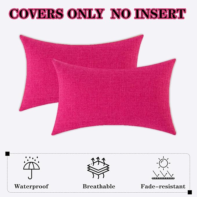 Kevin Textile Set of 2 Outdoor Waterproof Pillow Covers - Valentines Day Decorative Throw Pillows - Rectangle Checkered Couch Pillows for Patio Tent Bed Sofa Living Room - 12x20 Inch - Hot Pink