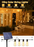 Ollny 15+1 LEDs ST38 Solar String Lights, 30 FT USB & Solar Dual Charging Outdoor String Lights, 3 Modes 5 Timers 10 Brightness 2200K Waterproof Patio Lights for Porch Garden Market Bistro Camping