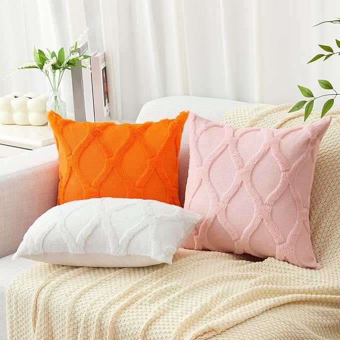 decorUhome Fall Throw Pillow Covers 20x20 Inch Set of 2, Soft Plush Faux Fur Wool Orange Couch Pillow Covers, Decorative Neutral Pillow Cases for Bed Sofa Living Room Home Decor
