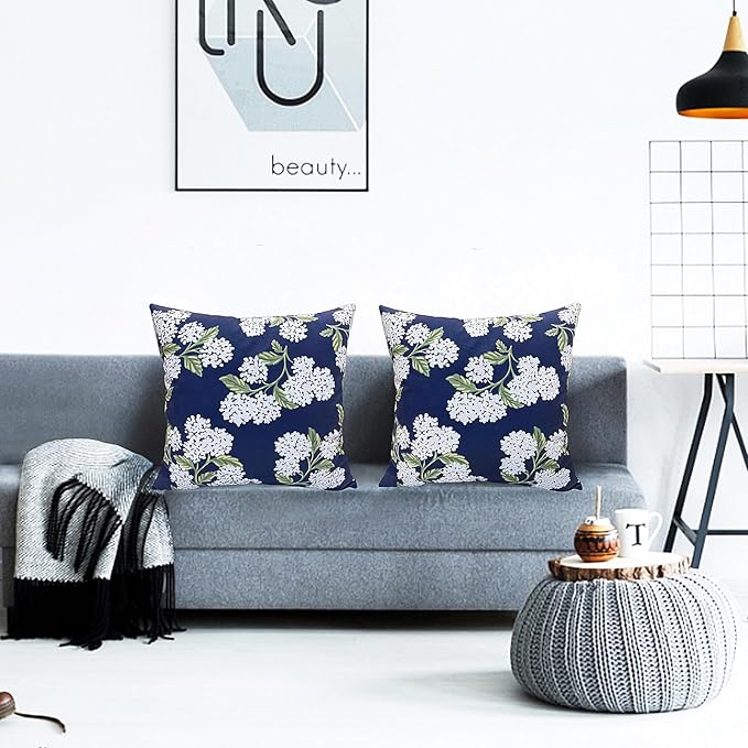 Decorative Throw Pillow Covers Set of 2 Blue Hydrangea Pillow Covers 18x18 inch Super Soft Short Plush Square Floral Throw Pillows,Farmhouse Outdoor Pillow Covers for Couch Living Room