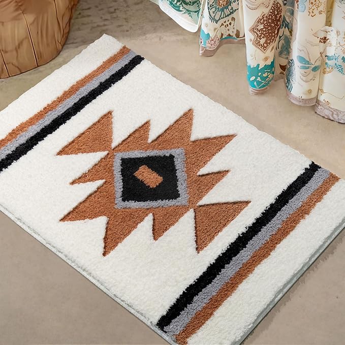 Bathroom Rugs White Boho Bath Mat Non Slip, Soft Absorbent Washable Aztec Bath Rug Floor Mat for Bathroom Shower Tub Modern Decor 18x24