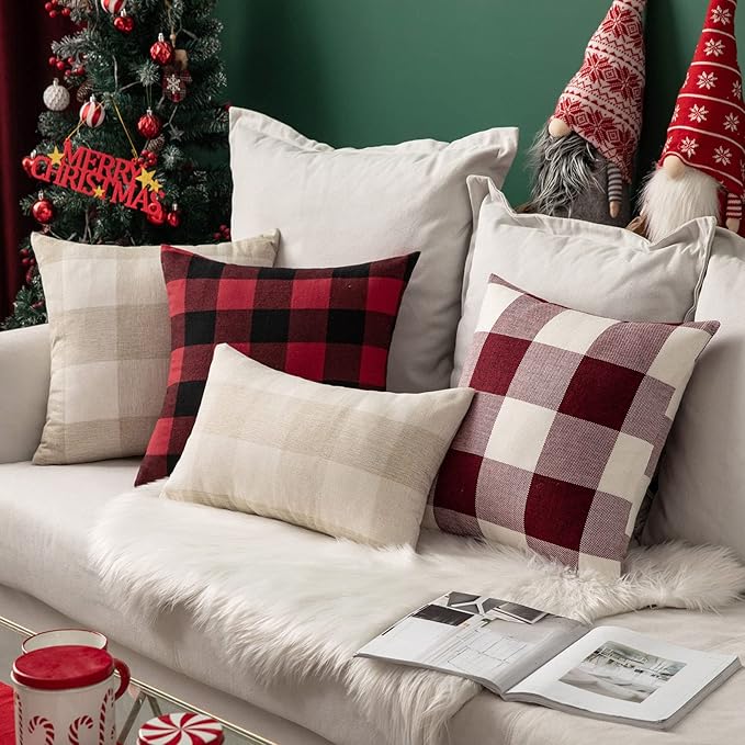 MIULEE Pack of 2 Christmas Classic Farmhouse Buffalo Check Plaids Polyester Linen Soft Solid White and Red Decorative Porch Throw Pillow Covers Home Decor Cushion Case for Sofa Bedroom 24 x 24 Inch