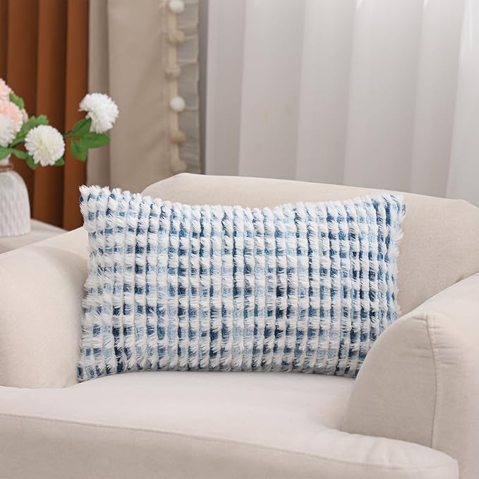 LUOYEHK Boho Throw Pillow Covers 12x20 Inch Set of 2 Chenille Tufted Pillow Case Farmhouse Neutral Cushion Covers for Couch Sofa Bed Living Room, Blue White