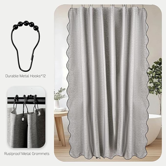 Grey Scalloped Edge Shower Curtain Linen Textured with 12 Metal Hooks Cute Heavy Duty Washable Waterproof Neutral Thick Extra Long Shower Curtain Sets for Hotel Bathroom 72x84 inches