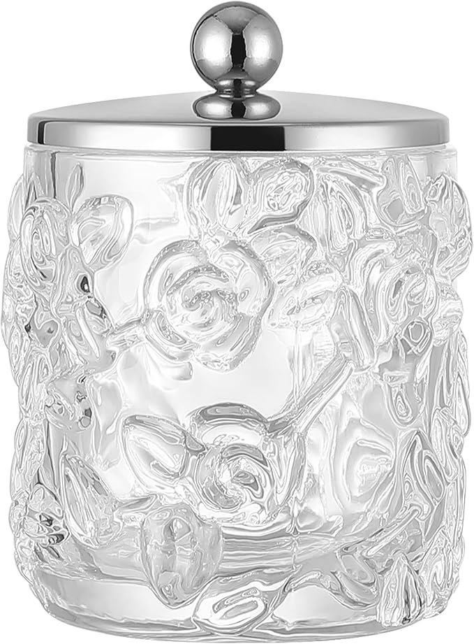 Home Glass Cotton Jar Holder Silver Lid, Elegant Bathroom Storage Canister for Qtips, Cotton Balls, Floss, Makeup Organizer, Vanity Bathroom Organization