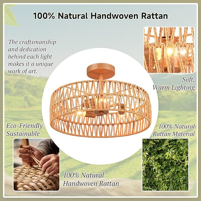 Hamilyeah Boho Flush Mount Ceiling Light Fixture with Rattan Shade, 16 inch Gold Light Fixture Ceiling Mount for Living Room, Bedroom, Kitchen