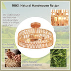 Hamilyeah Boho Flush Mount Ceiling Light Fixture with Rattan Shade, 16 inch Gold Light Fixture Ceiling Mount for Living Room, Bedroom, Kitchen