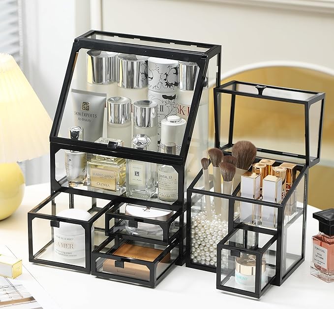 MOOCHI Black 3 Pieces Makeup Organizers for Vantity, glass, Skin Care Organizer, Drawers,Brush Organizer,Countertop Cosmetics Storage Display Case