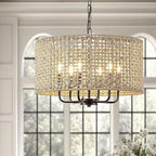20" Rattan Hand-Woven Boho Wicker Chandelier - 6-Light Drum Farmhouse Oversized Vintage Pendant Light Fixture for Dining Room, Kitchen Island, Entryway (Black)