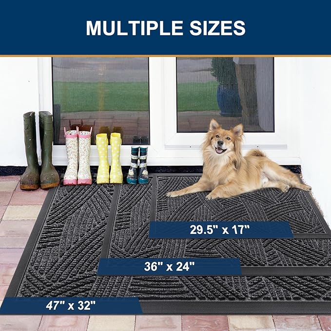 Smiry Front Door Mat Indoor Outdoor Entrance, Heavy Duty Natural Rubber, Sturdy Trap Dirt, Moisture Doormat and Easy Clean Low Profile Patio Porch Entryway Mat, 29.5x17 Inch, Grey/Geometric