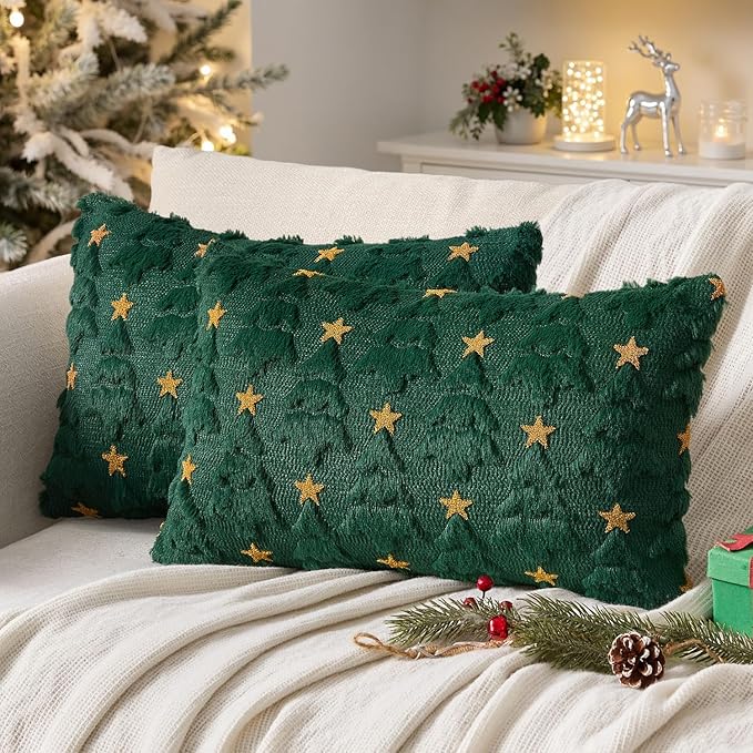 MIULEE Christmas Pillow Covers 12x20 Inch Set of 2, Dark Green Christmas Tree Plush Faux Fur Pillowcases Soft Decorative Throw Pillow Cases for Couch Sofa Living Room Winter Xmas Holiday Home Decor