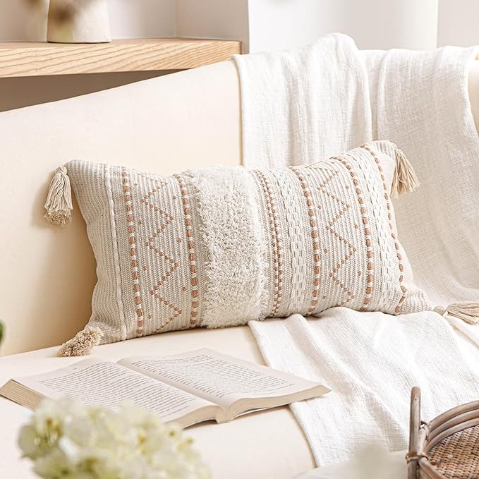 BlissBlush Decorative Lumbar Throw Pillow Cover 12x20 Cream Neutral White Rectangular Boho Accent Pillowcase Farmhouse Cushion for Couch Sofa Bedroom Living Home Décor (Cover ONLY, Pack of 1)