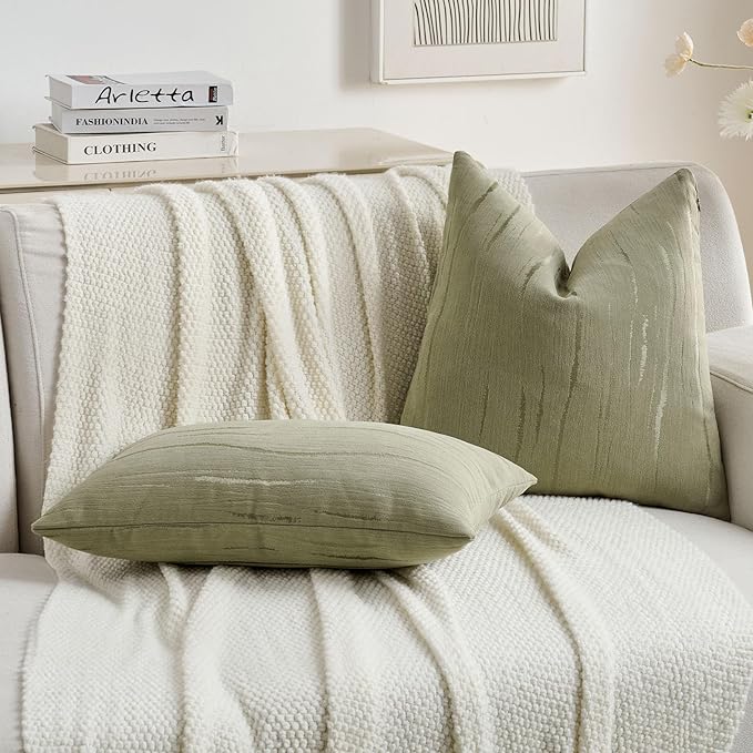 FUTEI Olive Green Chenille Decorative Throw Pillow Covers 12x20 Inch Set of 2,Soft Embossed Striped Textured Lumbar Pillow Cases,Modern Home Decor for Couch Bed Living Room