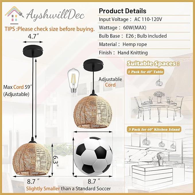 3 Pack Wicker Pendant Light Natural Woven Pendant Light Boho Chandelier Light Fixture Dome Rustic Farmhouse Pendant Lights Rattan Light Fixture for Dining Room Kitchen Island (Bulb Incl.)
