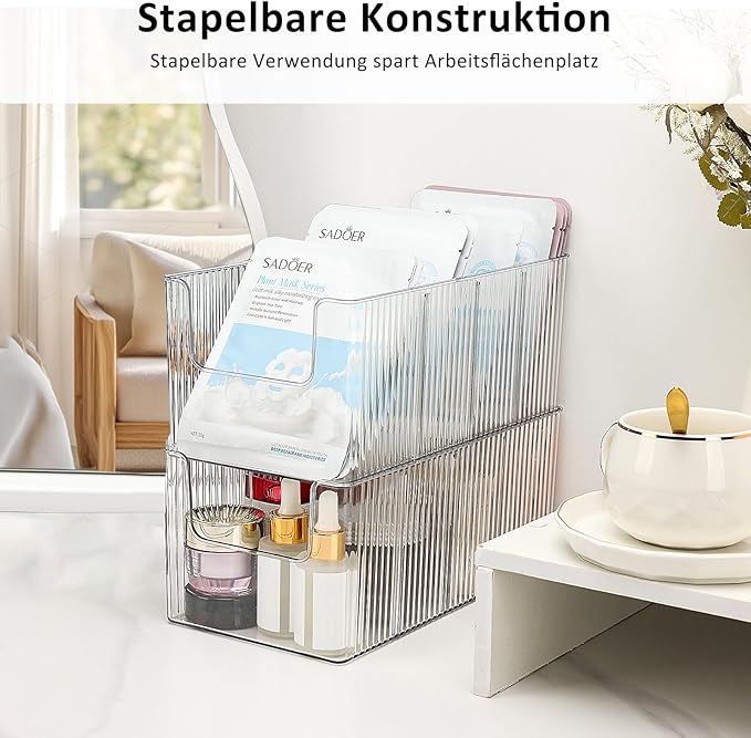 JessLab U-Shape Makeup Organizer, 4-Compartment PET Cosmetic Storage Box with Removable Dividers, Stackable Design for Bathroom Counter and Desk, 1 Pack