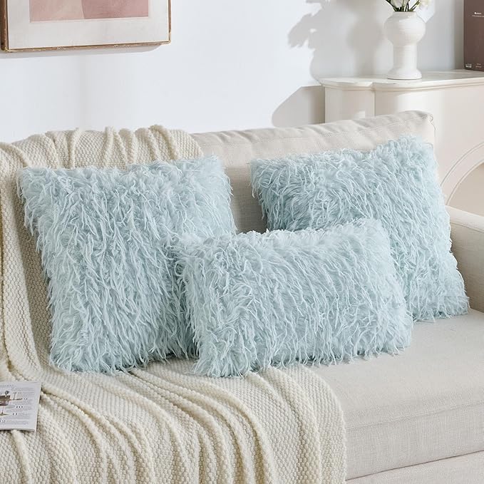 FUTEI Light Blue Decorative Throw Pillow Covers 22x22 Inch Set of 2,Soft Fluffy Faux Feather Texture Cushion Cases,Modern Home Luxury Decor for Couch Bed Living Room