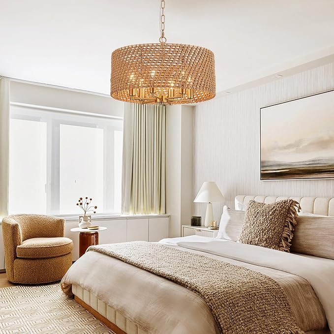 Hand-Woven Rattan Chandelier Vintage Farmhouse Boho Bamboo Golden Chandelier Light Fixture Retro Drum Wicker Gold Chandeliers for Dining Room, Kitchen Island, Living Room