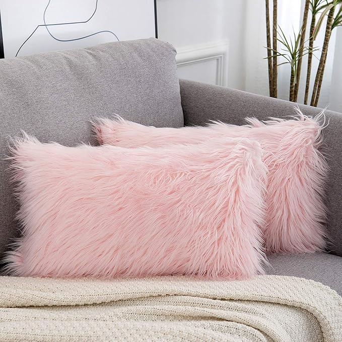 WLNUI Set of 2 Pink Christmas Decorative Lumbar Fluffy Pillow Covers New Luxury Series Merino Style Blush Faux Fur Throw Pillow Covers Fuzzy Cushion Case for Sofa Bedroom Home Decor 12x20 Inch