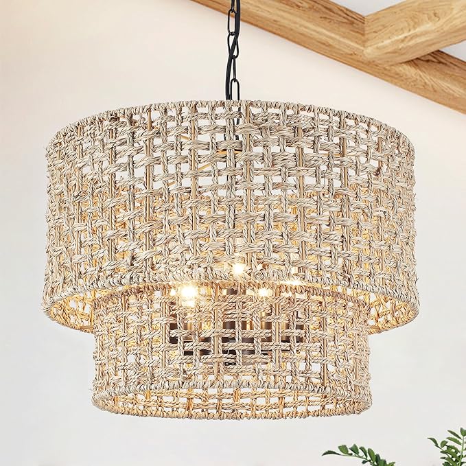 18.9" Rattan Farmhouse Chandelier 5-Light Large Boho Wicker Pendant Light Fixtures Hanging Coastal Drum Lighting Hand 2 Tier Woven Chandeliers for Living Room Dining Room Kitchen Island Foyer Entryway