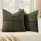 MIULEE 24x24 inch Euro Olive Green Corduroy Pillow Covers Pack of 2 Boho Decorative Spliced Throw Pillow Covers Soft Solid Couch Pillowcases Cross Patchwork Textured Cushion Covers for Living Room